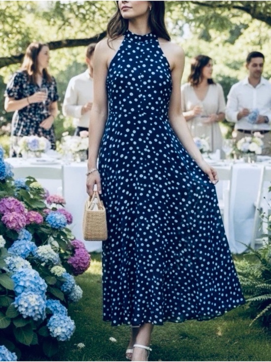 Tahari Dresses & Skirts - Tahari Navy Blue and White Polka Dot Sleeveless Halter Maxi Dress, High-Low, 8